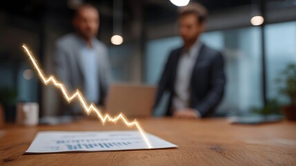 A glowing jagged line graph showing a sharp decline is overlaid on a report on a wooden table in an office meeting
