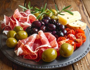 Delicious mediterranean platter featuring olives, prosciutto, cheese, and tomatoes