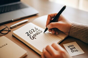 Close-up of a hand writing '2026 Goals' in a notebook with a motivational card saying 'You got this,' set on a warm desk with a laptop and glasses hinting at planning and productivity.