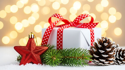 Festive Christmas-themed arrangement featuring gift wrapping and decorations. Backdrop of blurred, warm-toned bokeh lights, a red star ornament, green pine sprigs, and natural pine cones.