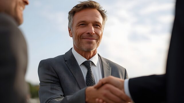 A professional handshake between two businessmen outdoors signifies a successful agreement or partnership