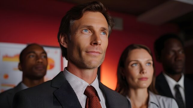 A focused business team looks ahead with ambition and confidence during a corporate meeting