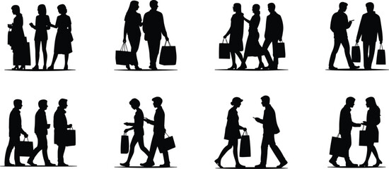 Shopping, pair, silhouette, bag, posture, gesture, interaction, consumer, retail, vector, black, pose, setup, commerce, behavior, walking, talking, exchange, social, flavector