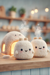 Adorable, kawaii steaming bread characters, shaped like toasts with cheerful faces, standing on a wooden counter in a kitchen setting.