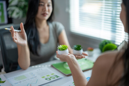 Business women discussing esg sustainability strategy in office