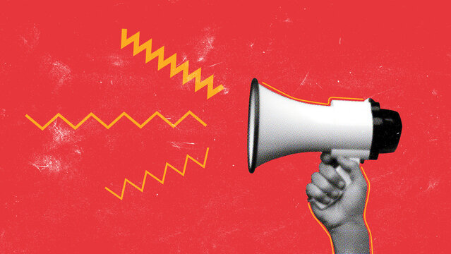 Hand holding a megaphone delivering a message in a vibrant setting