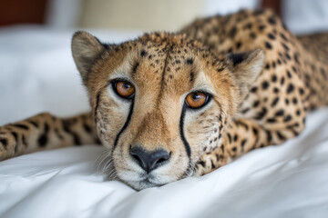 On bed, face to face with cheetah
