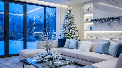 An elegant modern living room transformed into a captivating winter wonderland Christmas scene, beautifully illuminated by the cool, ambient glow of twilight from outside. Large glass sliding doors fr