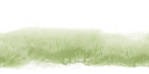 A forest glade or lawn with grass and bushes. Watercolor illustration. Lush greenery on seamless border, isolated on white background. Themes for spring, Easter, children's decor, and summer holidays.