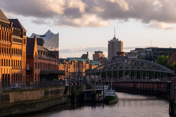 A structured depiction of speicherstadt in hamburg where canal geometry and waterway lines reinforce brick architecture and shape the urban historic district under calm evening light perspective