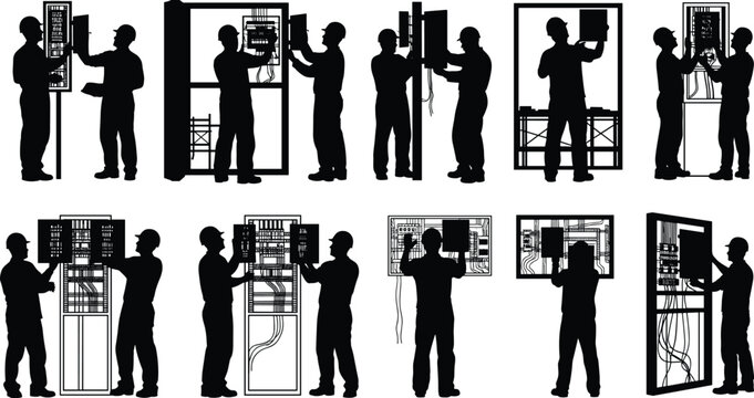 Electrician, panel, silhouette, wiring, inspection, maintenance, installation, tool, hard, hat, vector, black, pose, safety, setup, infrastructure, system, technician, flavector - Powered by Adobe