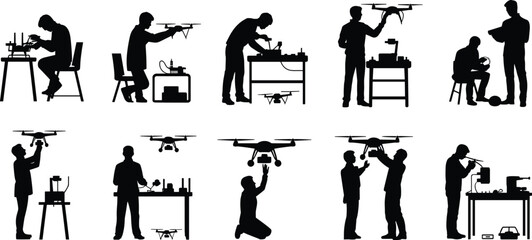 Drone, assembly, silhouette, engineering, posture, repair, workstation, tool, component, vector, black, pose, setup, maintenance, testing, programming, inspection, technology, equipment, flavector