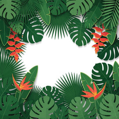 Fototapeta premium A vibrant frame of tropical leaves and exotic flowers in a paper-cut art style with a blank central copy space.