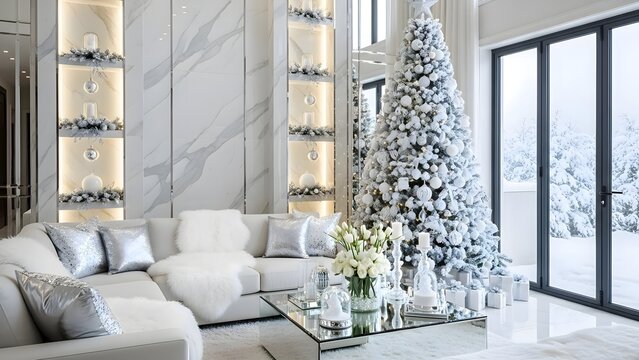 Step into a realm of serene opulence with this breathtaking modern living room, meticulously adorned for a pristine white Christmas celebration. A majestic, fully flocked Christmas tree stands as the 