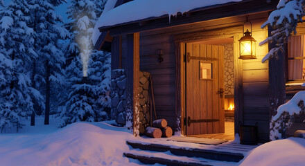 Cozy log cabin entrance illuminated by warm lantern light on a snowy winter night