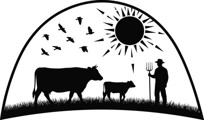 Black silhouette vector logo icon of farmer with pitchfork, cow and calf, sun and flying birds in an arched frame design.