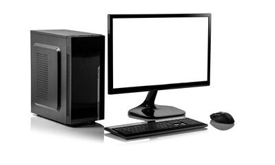 A sleek black desktop computer setup with a blank screen, a tower, a keyboard, and a mouse on a...