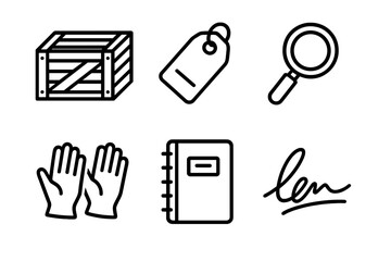 Collector's Essential Tools. Collector&rsquo;s Passion linear icon set. crate, label tag, magnifying glass, gloves, notebook, signature