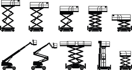Aerial lift, scissor lift, boom lift, mast lift, construction equipment, industrial platform, silhouette vector, access machine, illustration, flavector