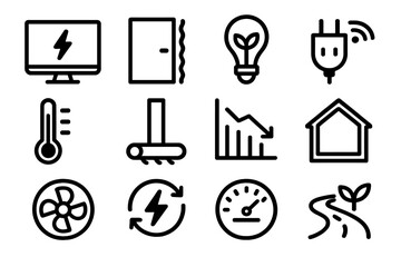 Energy Efficiency Icons. Energy-Efficient Home Symbols linear icon set: power monitor screen, insulated door seal, eco-friendly bulb, smart plug, balanced temperature bar, draft
