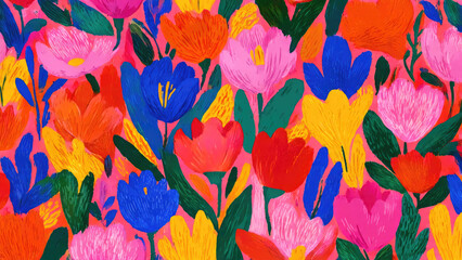 A vibrant and colorful abstract floral pattern featuring stylized flowers in pink, blue, orange, yellow, and red on a bright pink background.