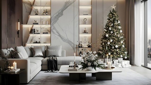 An exquisitely designed modern living room, perfectly set for a sophisticated holiday party evening, showcasing luxurious interior decor. The ambiance is beautifully refined with subtle, tasteful Chri