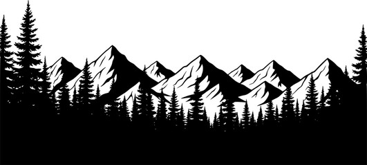 Obraz premium Mountain range and pine forest silhouettes evergreen trees black and white 