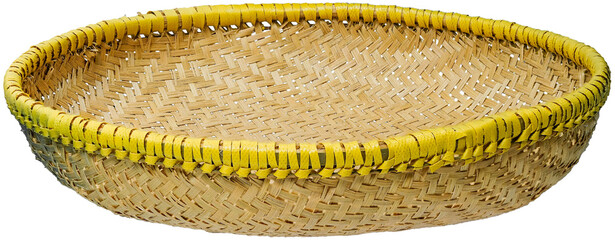 Eye-Level View of Traditional Sundanese Indonesian Woven Bamboo Sieve, Ayakan, with Yellow Rim, Wengku Cord in Transparent Background