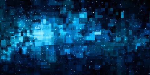 Abstract digital mosaic pattern glows with intense cyan light against a dark background.