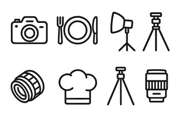 Culinary Photography Icons. Culinary Photography linear icon set: camera, plate, fork, knife, lighting setup, tripod, lens, chef hat
