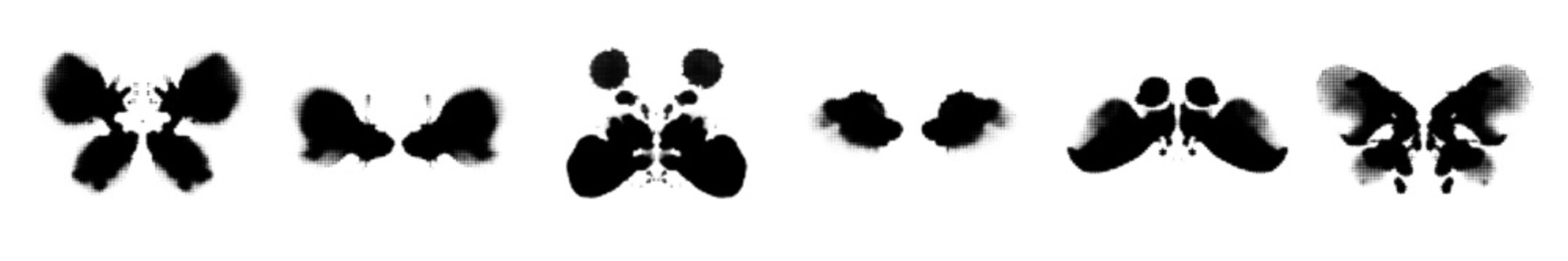 Rorschach Ink halftone collection.  Abstract set of symmetrical black inkblot stains used in Rorschach