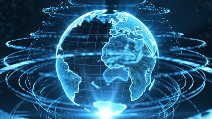 Glowing digital earth with concentric rings and bright light on a dark blue background design globe - Powered by Adobe
