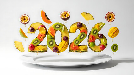 2026 numbers crafted from fresh, colorful fruits arranged on a white plate, signifying health and vitality