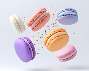 Hyper-Realistic Colorful Macarons Floating with Crumbs