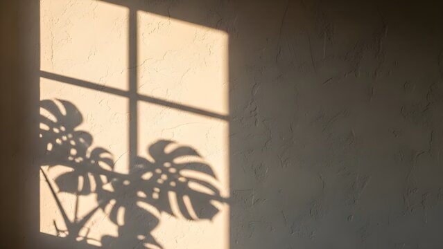 Atmospheric shot of a textured plaster wall with distinct shadows of a window frame and tropical monstera leaves created by golden hour sunlight