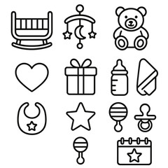 Baby Icon Set. Welcome Baby linear icon set. cradle, mobile, teddy bear, blanket, heart, gift, bottle, pacifier, bib, star, rattle, calendar