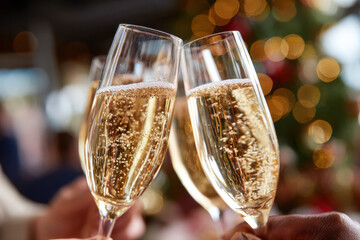 Sparkling wine glasses clinking at Christmas party
