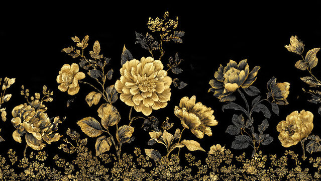 A luxurious pattern showcasing exquisite golden floral motifs and delicate foliage against a sophisticated black backdrop. Elegant peonies and smaller blooms create a rich, ornate design.
