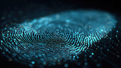 A futuristic, glowing blue digital fingerprint representing biometric security, data authentication, and personal identity within a technological network environment.