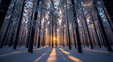 Golden sunrise light streams through snow covered pine trees in a serene winter forest landscape