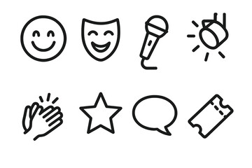 Joyful Comedy Icons. Laughter and joy concept linear icon set: happy face, comedy mask, microphone, spotlight, hands clapping, star, speech bubble, ticket