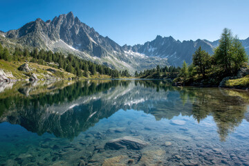 Crystal clear alpine lake with reflections of mountains