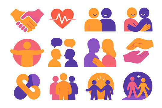 Human Connection Icons. Human Connection flat icon set: linked hands, heart line, shared smile, open arms, conversation bubbles, gentle touch, supportive gesture, intertwined