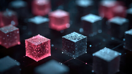 An abstract digital network displays glowing red and blue textured cubes, interconnected by luminous lines, symbolizing data, computation, and blockchain technology.