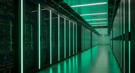 Modern Data Center Aisle with Green Neon Lighting