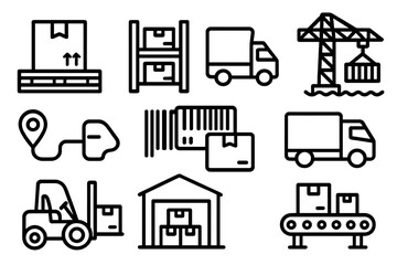 Logistics Icons Outline. Cargo Management Set linear icon set: cargo pallet, warehouse shelves, truck route, port crane, delivery barcode, transport icon, package loading