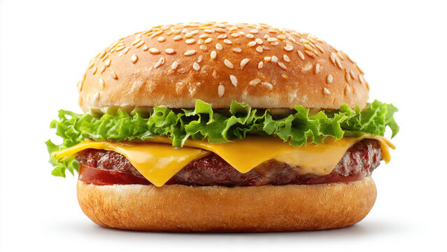 A classic cheeseburger with a sesame bun, juicy beef patty, melted cheese, fresh lettuce, and tomato, against a bright white background.