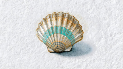 A decorative seashell with teal stripes on a white textured surface casting a soft shadow on the background on transparent background