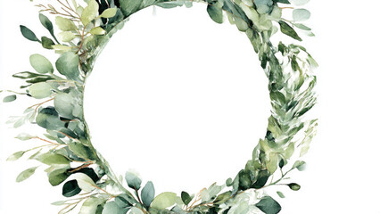 Watercolor green leaves form a beautiful, natural circular wreath on a white background, perfect for invitations, greetings, or elegant design frames.