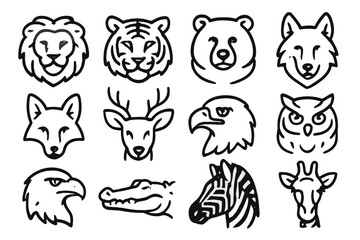 Fototapeta premium Wildlife Icons Collection. Wildlife Collection linear icon set: lion, tiger, bear, wolf, fox, deer, eagle, owl, hawk, crocodile, zebra, giraffe